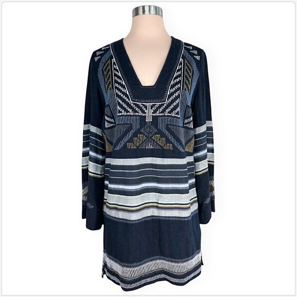 Free People Sundown Embroidered Mini Dress Boho Tribal Shift Navy Gray XS - Picture 2 of 5